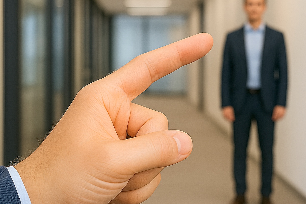 Eine männliche Hand zeigt auf eine andere Person.
