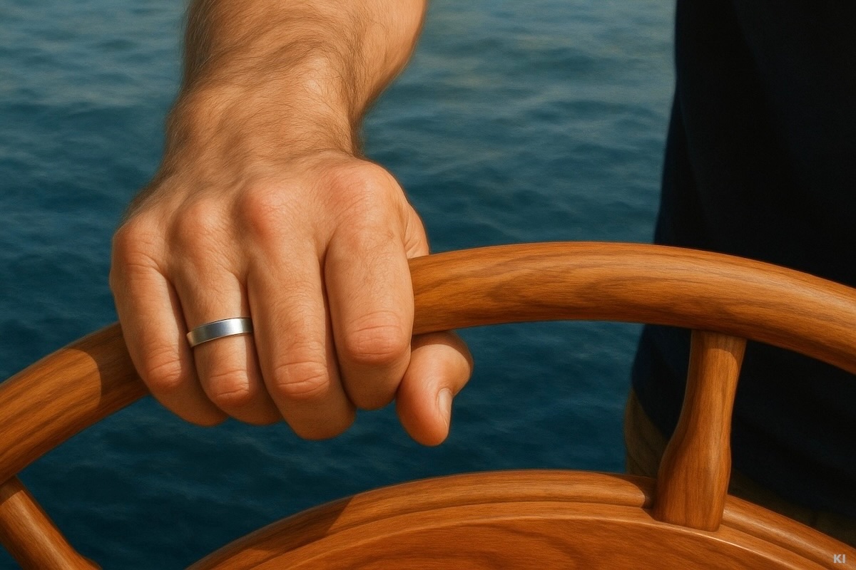 Eine Hand an einem hölzernen Steuerrad